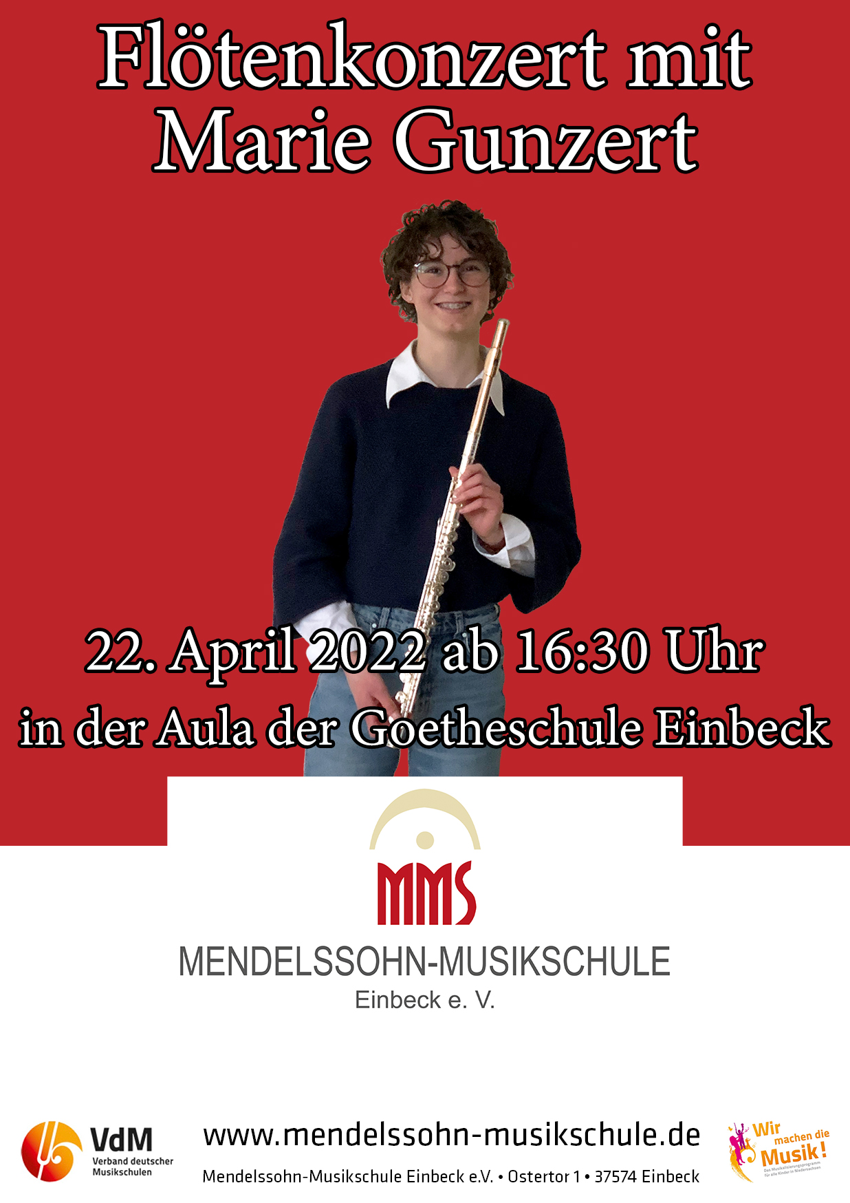 Flötenkonzert Marie 22. April 2022, 16:30 Uhr, in der Aula der Goetheschule Einbeck