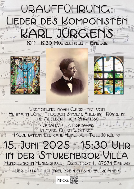 Uraufführung: Lieder des Komponisten Karl Jürgens (1911 - 1930 Musiklehrer in Einbeck) - 15. Juni 2025 - 15:30 Uhr in der Stukenbrok-Villa